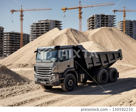 modern dump truck with sand at construction site with building under construction in background 130592210