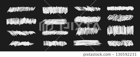 White charcoal brush stokes on blackboard. Grunge pastel pencil doodle scribbles set. Hand drawn crayon wavy squiggle shapes collection. Vector rough chalk sketch scrawls and hatches pack 130592231