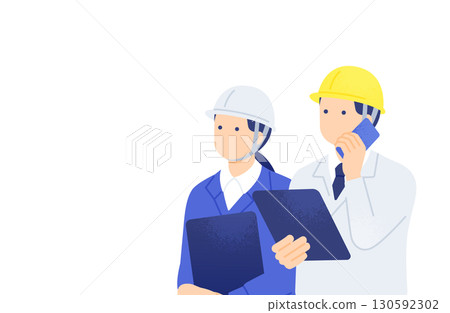 A team of men and women conducting maintenance inspections at a construction site while looking at tablets and drawings 130592302