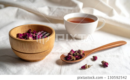 Dried Roses in Wooden Cup with Rose Tea Dried Roses in Wooden Cup with Rose Tea 130592542
