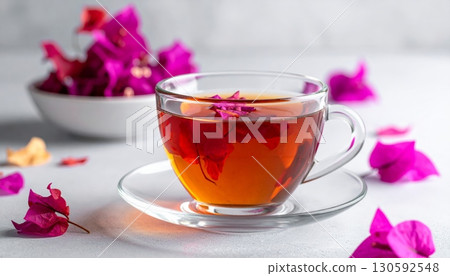 Peony Flower Tea in Clear Glass with Minimalist Background 130592548
