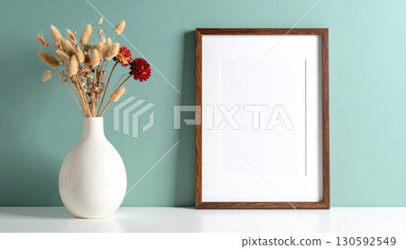 Pink floral bouquet in a glass vase on a wooden table 130592549