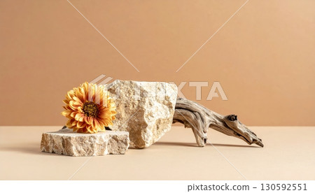 Dried Flowers and Stones on Wooden Log with Light Brown Background 130592551