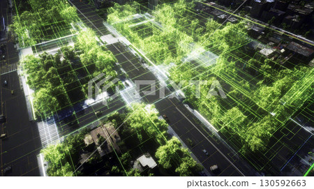 Digital cityscape with high rise buildings and futuristic 3D model visualization technology 130592663