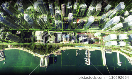 Digital cityscape with high rise buildings and futuristic 3D model visualization technology 130592664