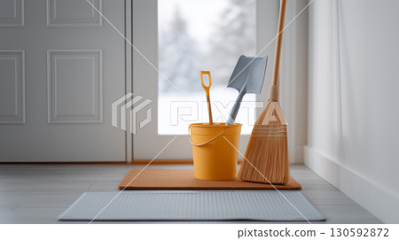 Winter preparation tools with snow shovel bucket and broom near home entrance 130592872