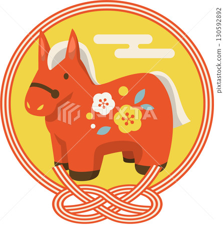 Year of the Horse Icon 03 Retro Color Red Horse Abalone Knot Cute Illustration 130592892