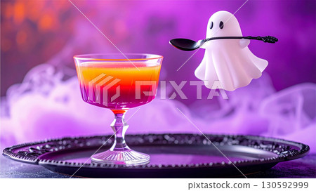Flying ghost about to eat Halloween jelly Flying ghost about to eat Halloween jelly 130592999