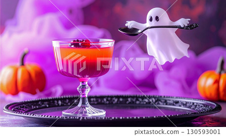 Flying ghost about to eat Halloween jelly Flying ghost about to eat Halloween jelly 130593001