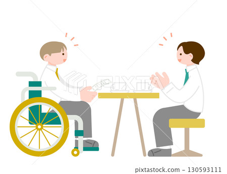 一家多元化公司的示意圖,其中輪椅使用者在同一工作場所工作 一家多元化公司的示意圖,其中輪椅使用者在同一工作場所工作 130593111