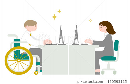 一家多元化公司的示意圖，其中輪椅使用者在同一工作場所工作 130593115