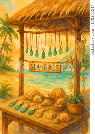 Sea glass ornaments and shellfish small prints | Watercolor style sea handmade art collection 130593214
