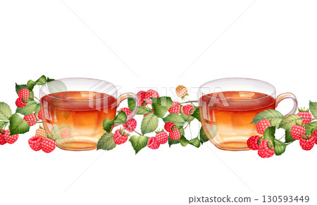 Hand-drawn illustration of a seamless horizontal border with cups of raspberry tea, fresh raspberries, and green leaves. Perfect for tea shop menus and healthy food designs. Hand-drawn illustration of a seamless horizontal border with cups of raspberry tea, fresh raspberries, and green leaves. Perfect for tea shop menus and healthy food designs. 130593449