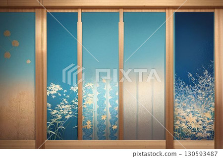 Shoji and plant illustration_Japanese style background material_texture 130593487