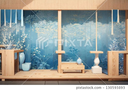 帶有木凳和藍色牆壁的日本現代背景 130593893