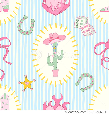 Cowgirl seamless pattern. Cowboy western theme, cactus, cowboy hat, flame heart and boots in girly style. Hand-drawn cartoon print on a stripy green background. Vector wallpaper, t-shirt and vintage 130594251