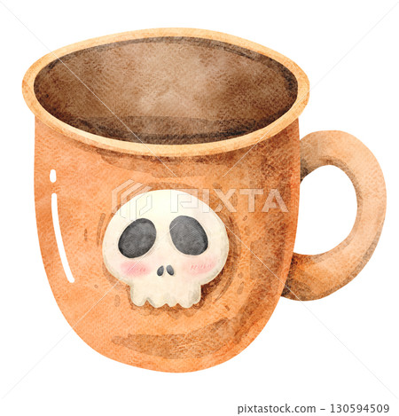 Watercolor Illustration of skull mug 130594509