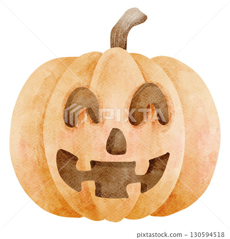 Watercolor illustration of a carved pumpkin 130594518