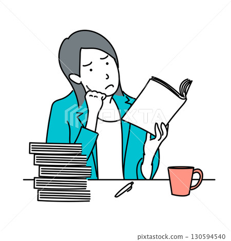 圖庫插圖: 一個女人在讀書，擔心一堆文件和一杯咖啡 130594540