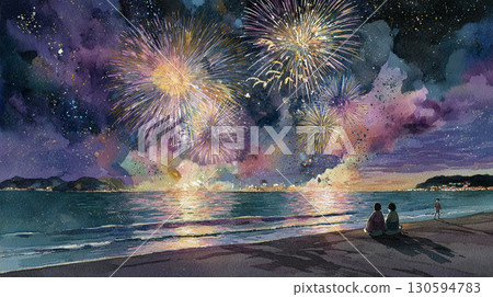 寧靜的海灘和煙火_水彩風格4 130594783