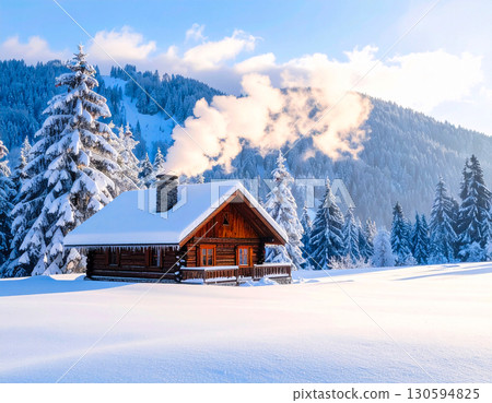 Snow covered mountain cabin with smoke from chimney Snow covered mountain cabin with smoke from chimney 130594825