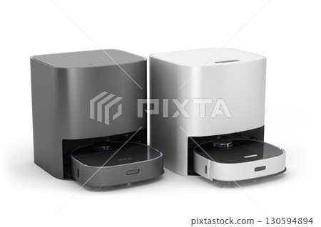 Modern Robotic Vacuum Cleaner 3D Render in Black and White Variants on white background Modern Robotic Vacuum Cleaner 3D Render in Black and White Variants on white background 130594894