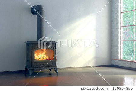 Cozy Fireplace 3D Render in Modern Room with Natural Light 130594899