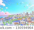 住宅區CG柔和的色彩海景小鎮背景流行 130594964