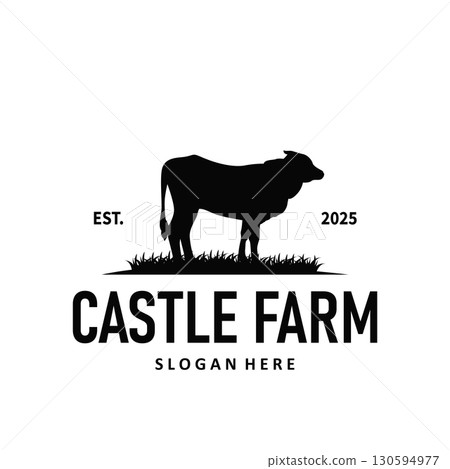 Livestock farm design concept cow logo with black silhouette of cow, design for farm, farmer, brand, business and poster template as icon symbol illustration 130594977