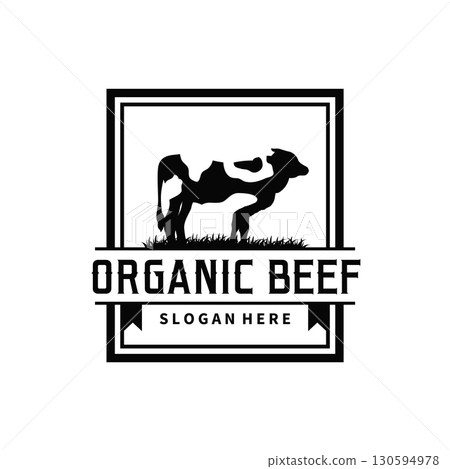 Livestock farm design concept cow logo with black silhouette of cow, design for farm, farmer, brand, business and poster template as icon symbol illustration 130594978