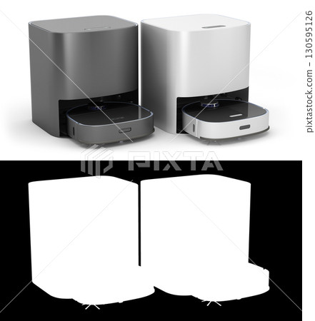 Modern Robotic Vacuum Cleaner 3D Render in Black and White Variants on white with alpha Modern Robotic Vacuum Cleaner 3D Render in Black and White Variants on white with alpha 130595126