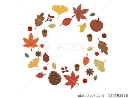 Autumn harvest and autumn leaves wreath vector material set (acorns, pine cones, fallen leaves) Autumn harvest and autumn leaves wreath vector material set (acorns, pine cones, fallen leaves) 130595156