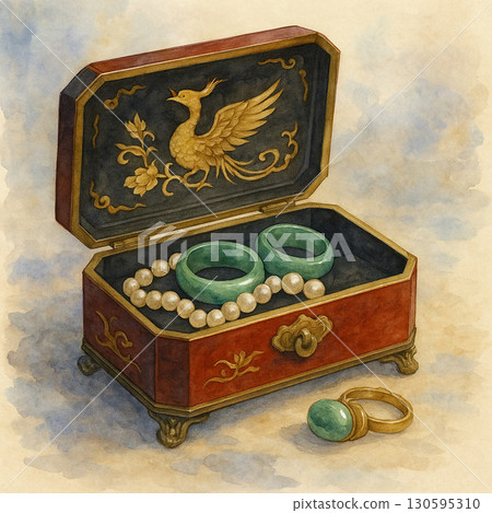 中型紅木珠盒及玉珠擺飾 | 東方古典風水畫 130595310