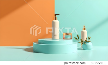 Elegant Minimalist Cosmetics Mockup with Natural Foliage Emphasizing Organic Beauty. 130595419