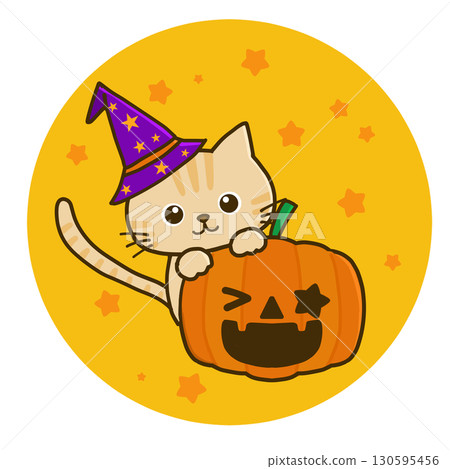 Brown tabby cat and Halloween pumpkin Brown tabby cat and Halloween pumpkin 130595456