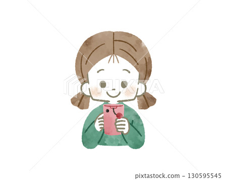 Girl using a smartphone - watercolor 130595545