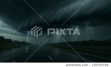 Lightning and heavy rain engulf the highway, and the threat of dark clouds 130595549