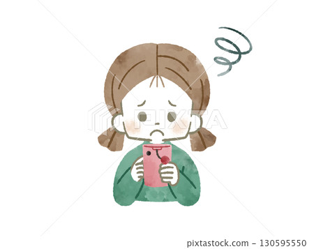 一個女孩用智慧型手機,臉上帶著苦惱的表情 — 水彩畫 一個女孩用智慧型手機,臉上帶著苦惱的表情 — 水彩畫 130595550