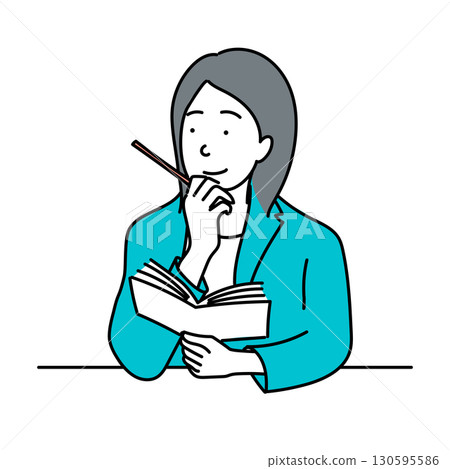 Stock Illustration: A woman thinking while reading a book and holding a pen 130595586
