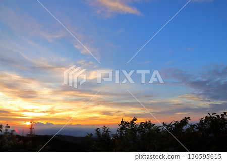Evening view from Mt. Wanizuka, sunset sky, radio tower Evening view from Mt. Wanizuka, sunset sky, radio tower 130595615