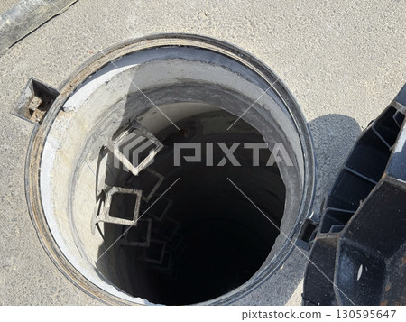 View of open manhole. Urban engineering, construction, and risk management. View of open manhole. Urban engineering, construction, and risk management. 130595647