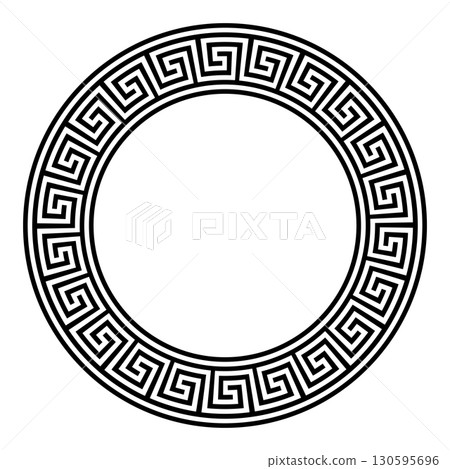 Circle frame with seamless meander pattern, a decorative border with repeated Greek key motif, constructed from continuous lines, shaped into a repeated motif. Isolated, black and white illustration. Circle frame with seamless meander pattern, a decorative border with repeated Greek key motif, constructed from continuous lines, shaped into a repeated motif. Isolated, black and white illustration. 130595696