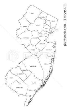 State of New Jersey, subdivided into 21 counties, outline map. State in the Mid-Atlantic and Northeastern region of the United States, nicknamed The Garden State. Map with borders and county names. State of New Jersey, subdivided into 21 counties, outline map. State in the Mid-Atlantic and Northeastern region of the United States, nicknamed The Garden State. Map with borders and county names. 130595698