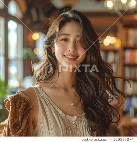 It harmonizes with the bookshelf and greenery in the background, creating a scene that evokes a calm and comfortable time. 130595874