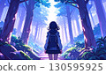 A girl looking up into the blue light in the blue forest A girl looking up into the blue light in the blue forest 130595925