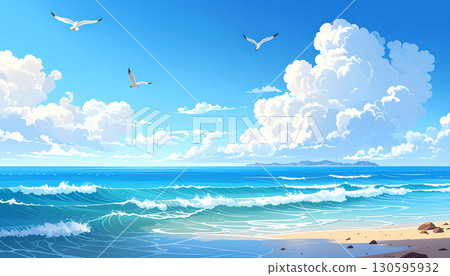Blue sky, sea and flocks of birds flying Blue sky, sea and flocks of birds flying 130595932