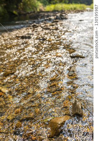 清澈的溪水在夏日陽光下閃閃發光 130595987
