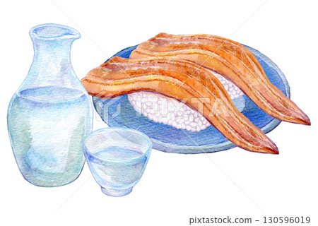 Watercolor illustration, hand-drawn illustration, conger eel sushi and cold sake 130596019