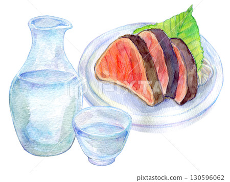 水彩插圖、手繪插圖、鰹魚刺身和冷酒 130596062