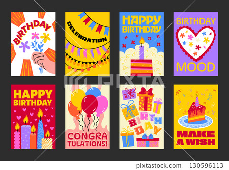 Bright retro cartoon birthday posters with inscriptions. Party decor, cakes, candles, balloons. Parties, gifts, greetings, happy holiday card. Minimalist wall banners for birthdays, party decoration. 130596113